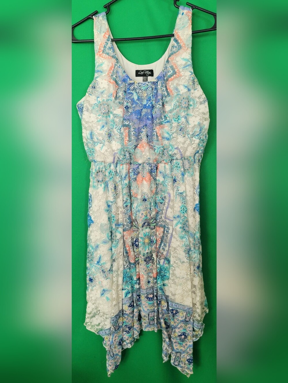 Love Reign Sleeveless Dress Paisley Lace Overlay Sz XL Floral Sharkbite Hem Nice